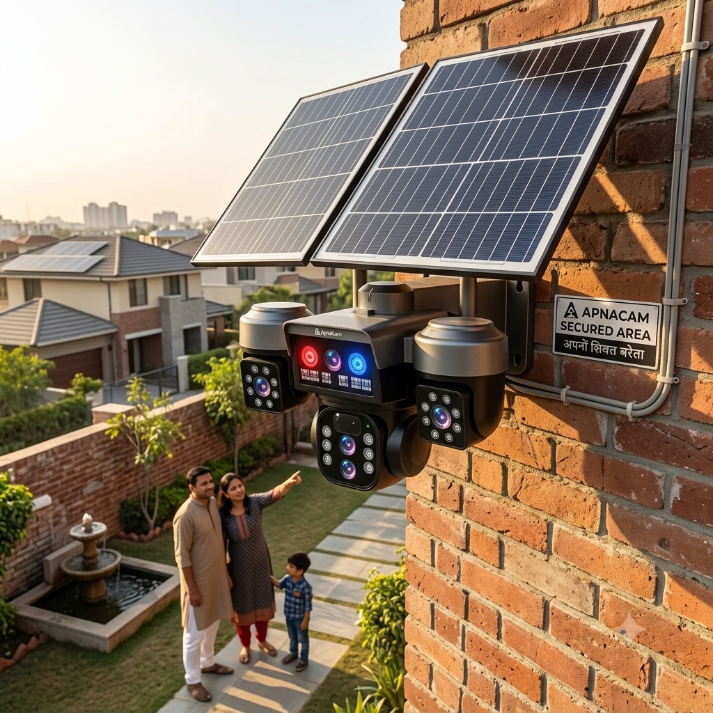 ApnaCam 4G Solar Triple Lens PTZ CCTV Camera — 8MP×3 Lenses, Dual Solar Panel, LED Floodlight, Color Night Vision, 30m Range (No WiFi Outdoor)