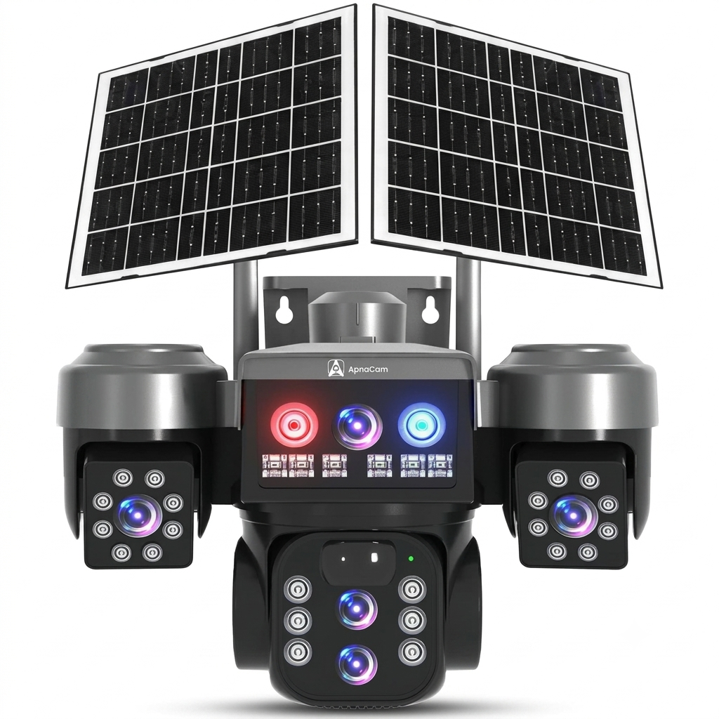 ApnaCam 4G Solar Triple Lens PTZ CCTV Camera — 8MP×3 Lenses, Dual Solar Panel, LED Floodlight, Color Night Vision, 30m Range (No WiFi Outdoor)