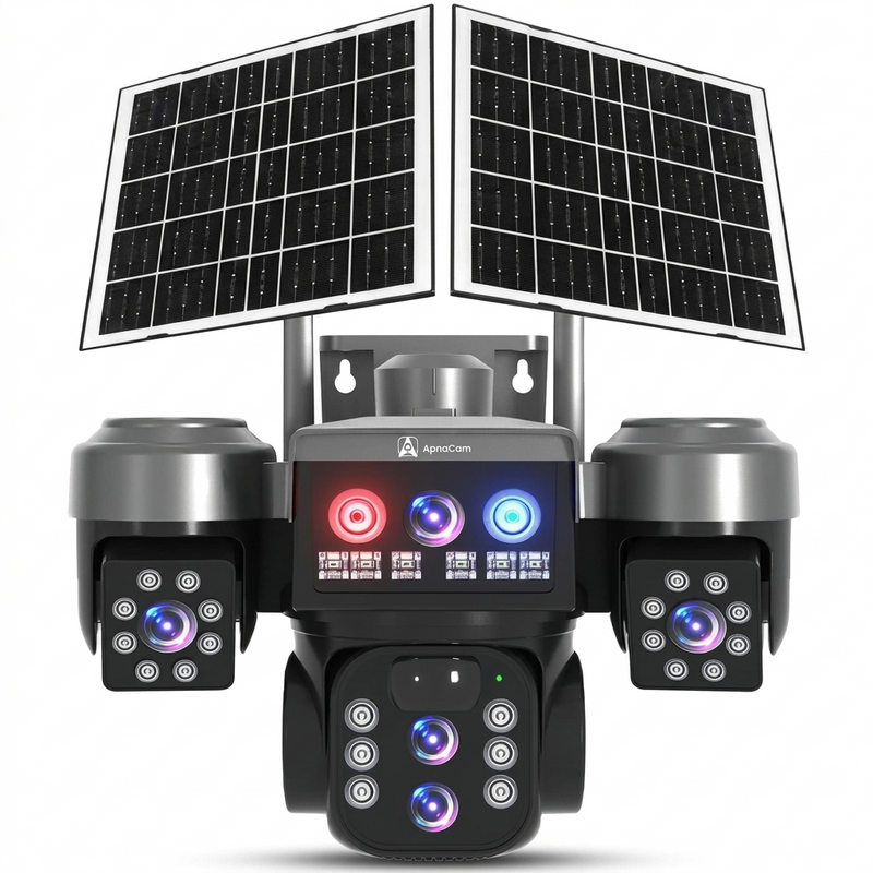 ApnaCam 4G Solar Triple Lens PTZ CCTV Camera — 8MP×3 Lenses, Dual Solar Panel, LED Floodlight, Color Night Vision, 30m Range (No WiFi Outdoor)