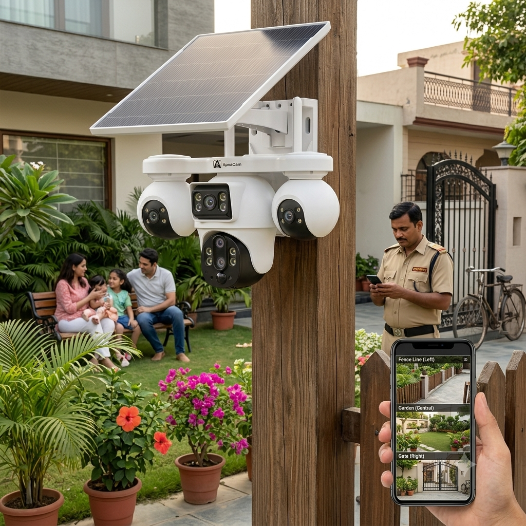 ApnaCam 4 Lens 4G Solar PTZ CCTV Camera — 12MP Per Lens, AI Auto-Tracking, Color Night Vision, Siren Alarm (No WiFi, IP66 Outdoor)