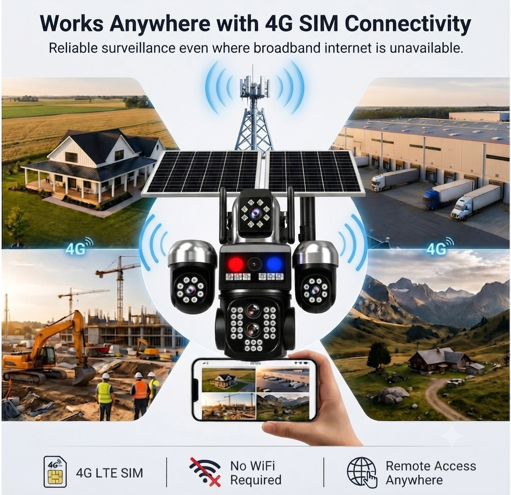 ApnaCam Flash Cop 8MP 4G SIM Triple Lens Solar PTZ Camera | 355° AI Human Tracking, Dual Solar Panel, Color Night Vision, 3-Channel View, IP66, SD Card up to 128GB