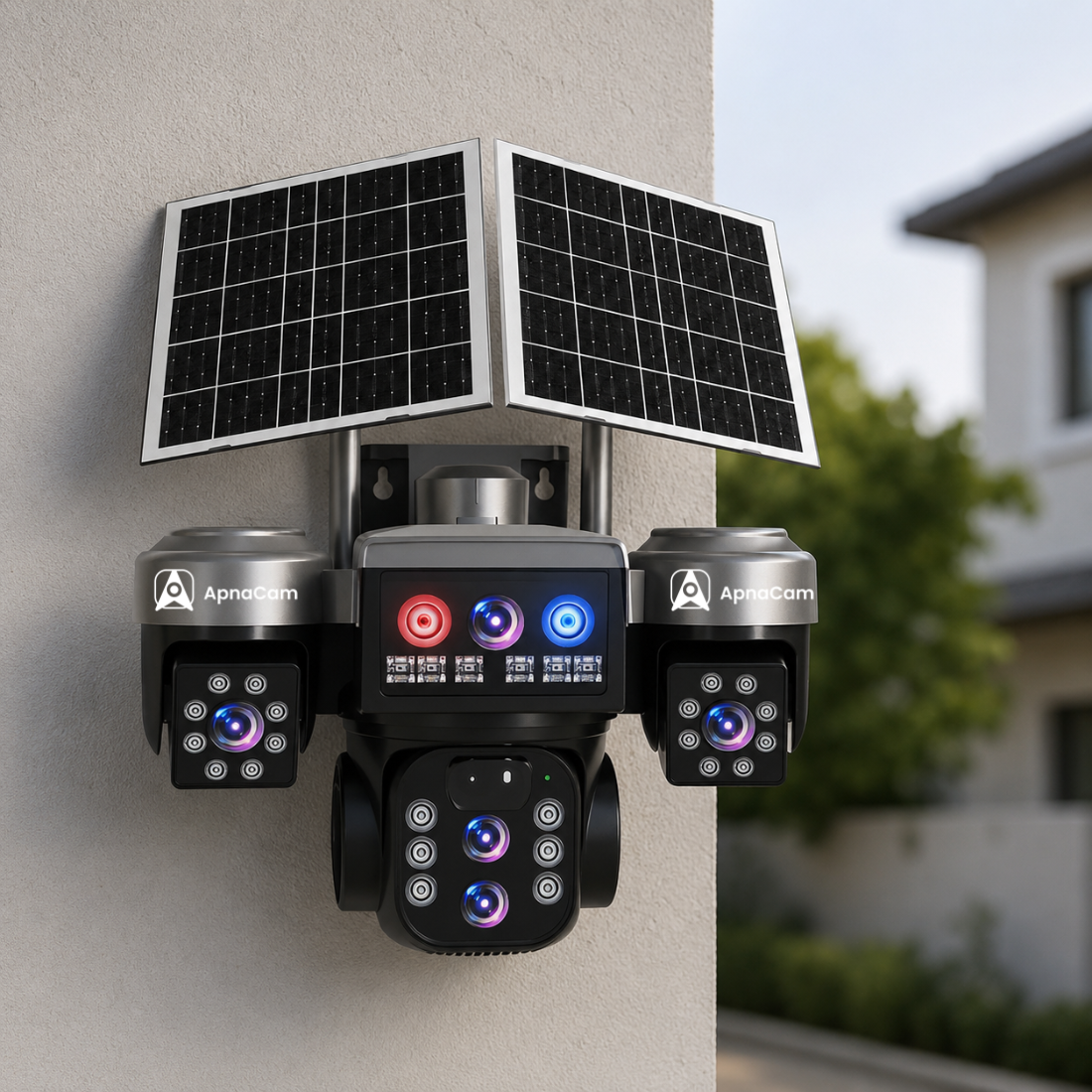 ApnaCam 4G Solar Triple Lens PTZ CCTV Camera — 8MP×3 Lenses, Dual Solar Panel, LED Floodlight, Color Night Vision, 30m Range (No WiFi Outdoor)