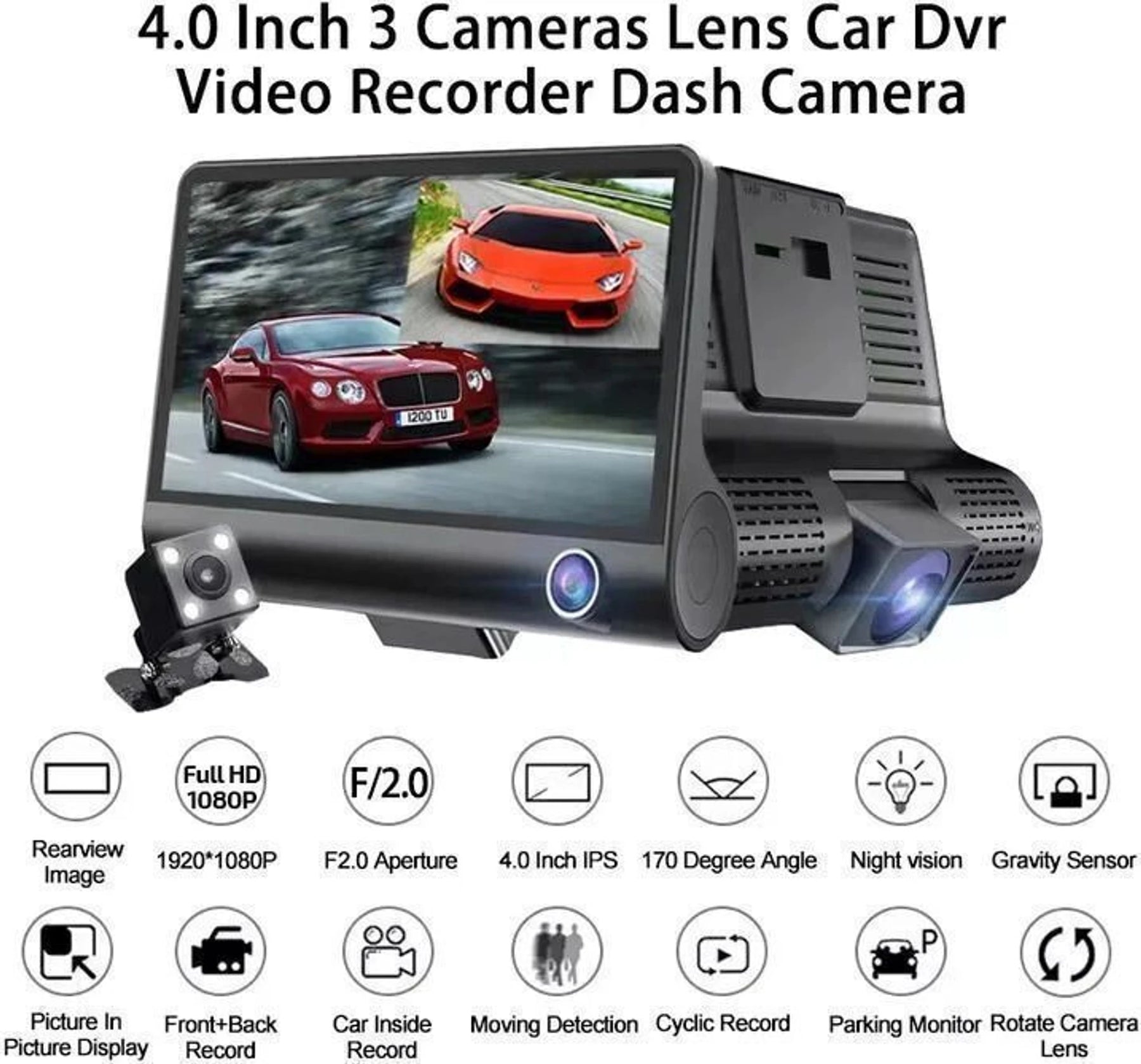 ApnaCam 3-Channel Dash Cam with Reverse Camera — Front + Cabin + Rear, 1080p FHD, 4" IPS Screen, Night Vision, G-Sensor, Loop Recording (Triple Lens Car Camera)