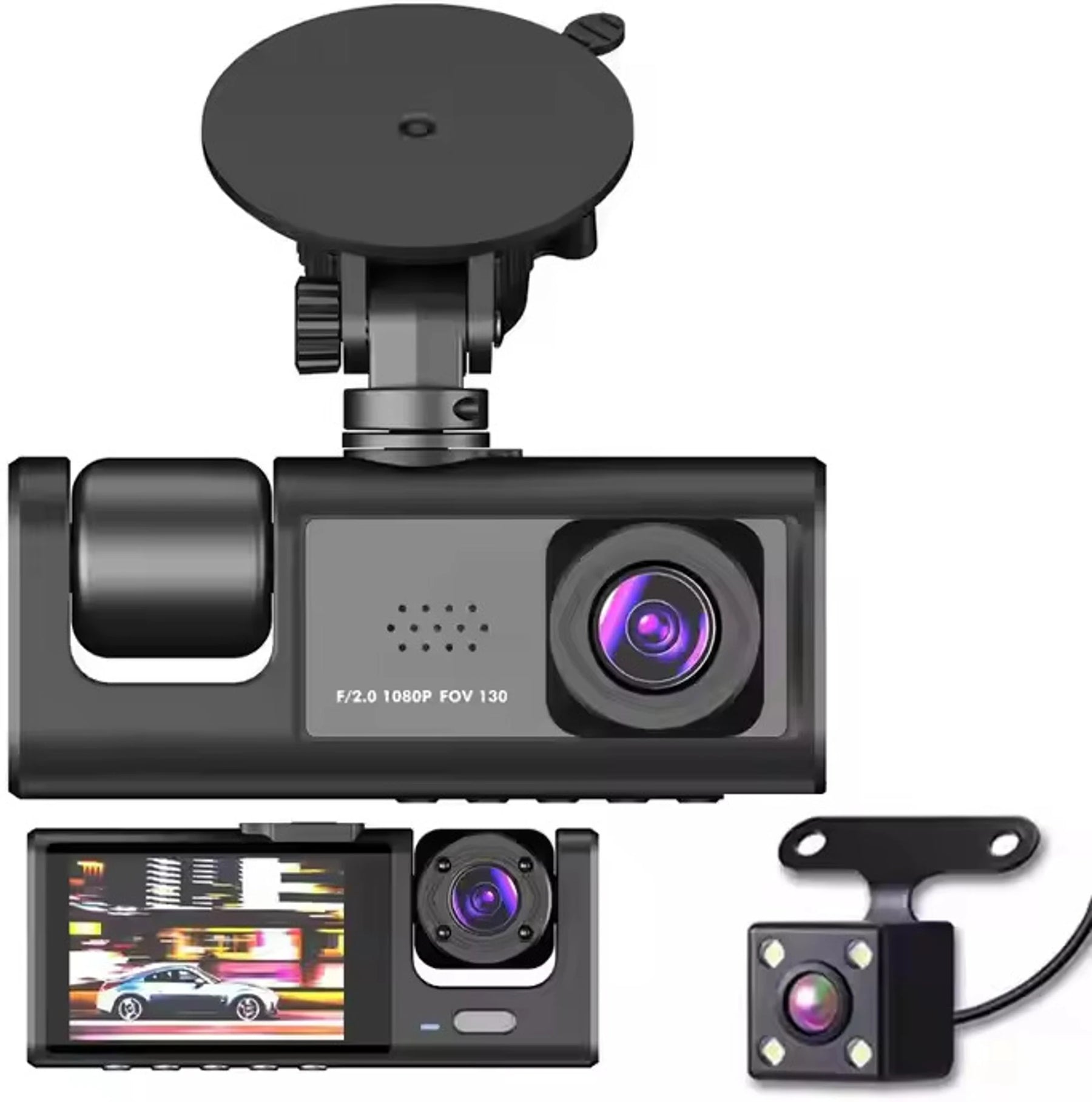 ApnaCam 3-Channel Car Dash Cam – Front 1080P FHD + Cabin + Rear Camera with Reverse Assist | 2-inch Display, WiFi App View, Night Vision, G-Sensor, Loop Recording, Parking Monitor | SD Card up to 128GB