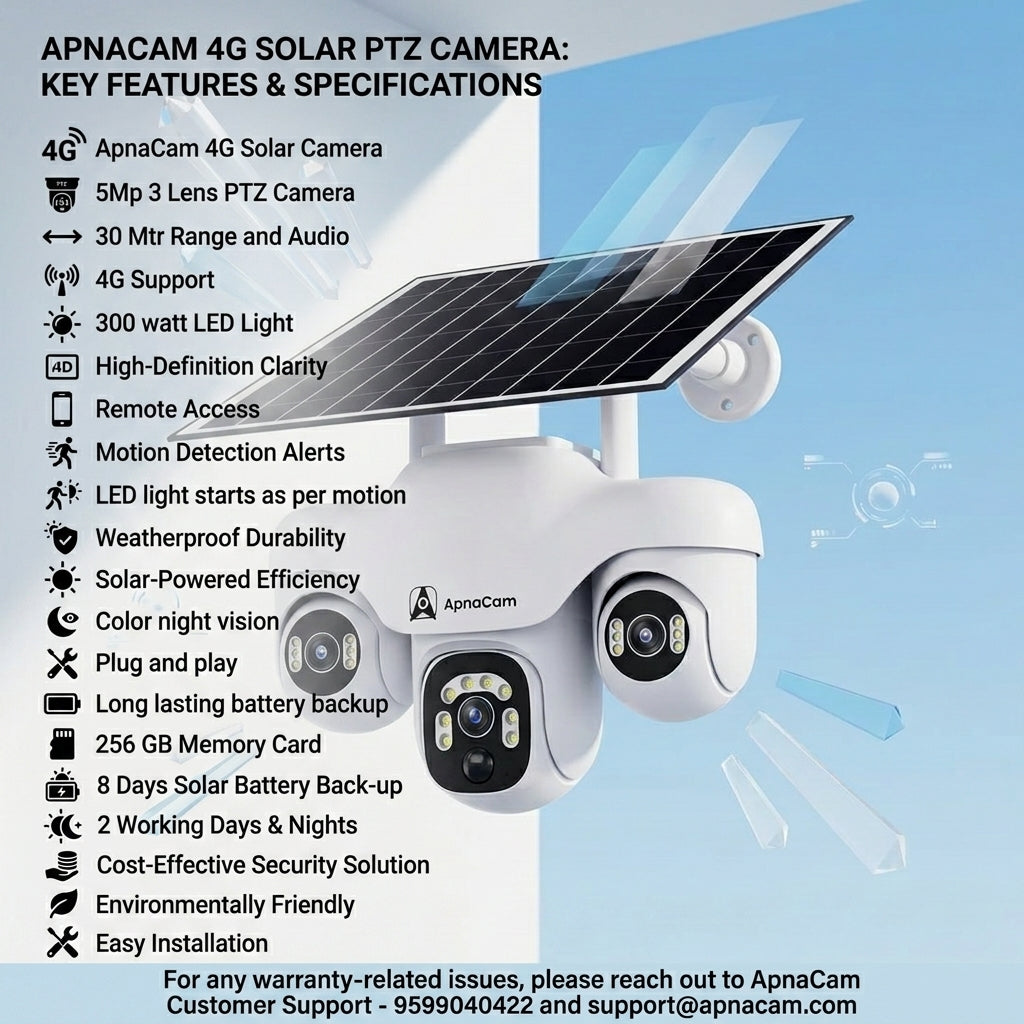 ApnaCam 6MP 4G Solar Outdoor PTZ Security Camera | Triple Lens 360° View, Night Vision, Motion Detection, Two-Way Audio, IP66 Waterproof | No WiFi, No Electricity Needed