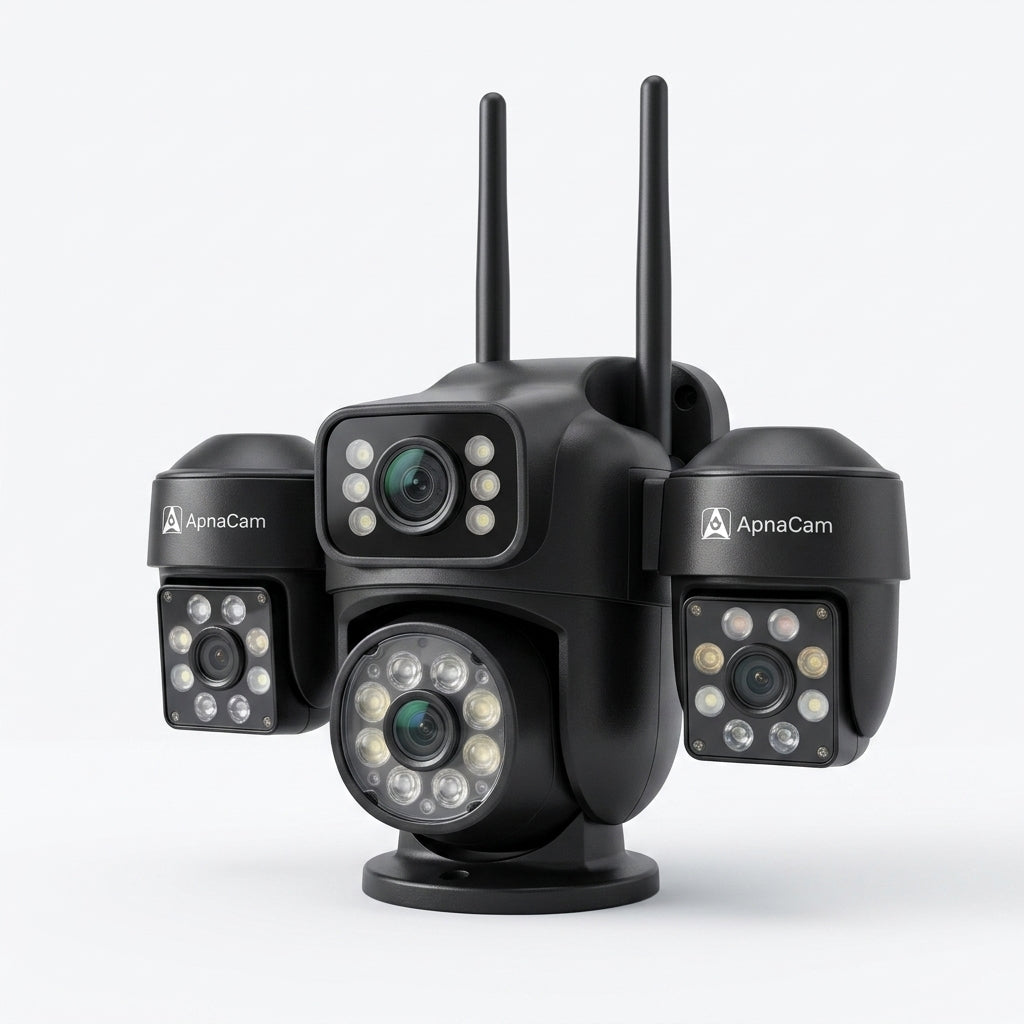 ApnaCam NexusEye Triple-Lens 5MP WiFi PTZ Security Camera | Auto Human Tracking | PIR + Radar Detection | Solar + AC + 10800mAh | Colour Night Vision | IP66 | 128GB SD