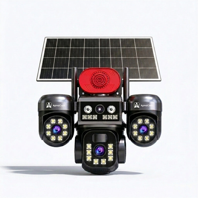 ApnaCam 3-Lens 4G SIM Solar PTZ Camera – 2K Split-Screen View, Dual Solar Panel + Battery Powered, Siren Horn Alarm, Color Night Vision, AI Human Tracking, Two-Way Talk, IP66 Waterproof | SD Card up to 128GB | Bijli-WiFi Ki Zaroorat Nahi
