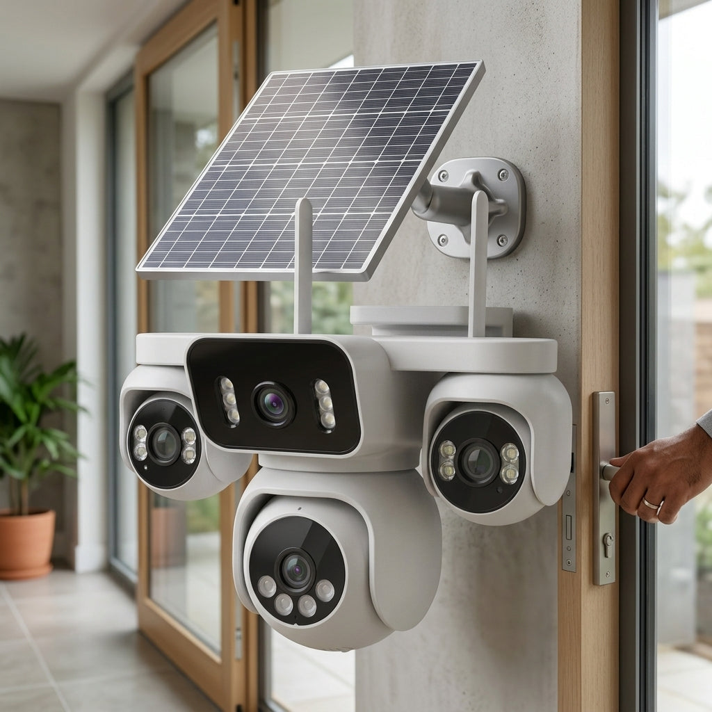 ApnaCam 4-Lens 4G Solar PTZ CCTV Camera (4 × 5MP) | 355° Rotation, AI Human Tracking, Color Night Vision | SIM-Based, No WiFi Needed | IP66 Outdoor | SD Card Upto 128GB
