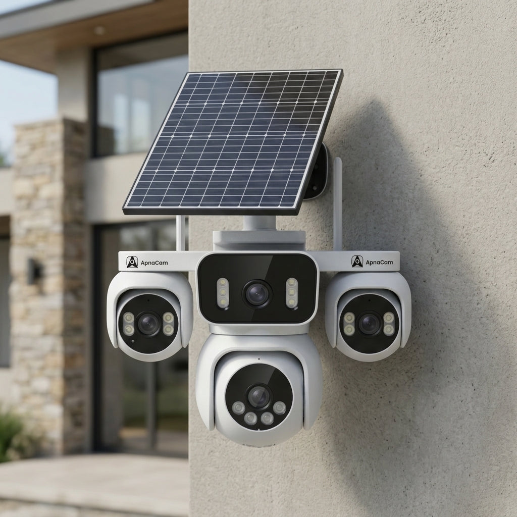ApnaCam 4-Lens 4G Solar PTZ CCTV Camera (4 × 5MP) | 355° Rotation, AI Human Tracking, Color Night Vision | SIM-Based, No WiFi Needed | IP66 Outdoor | SD Card Upto 128GB