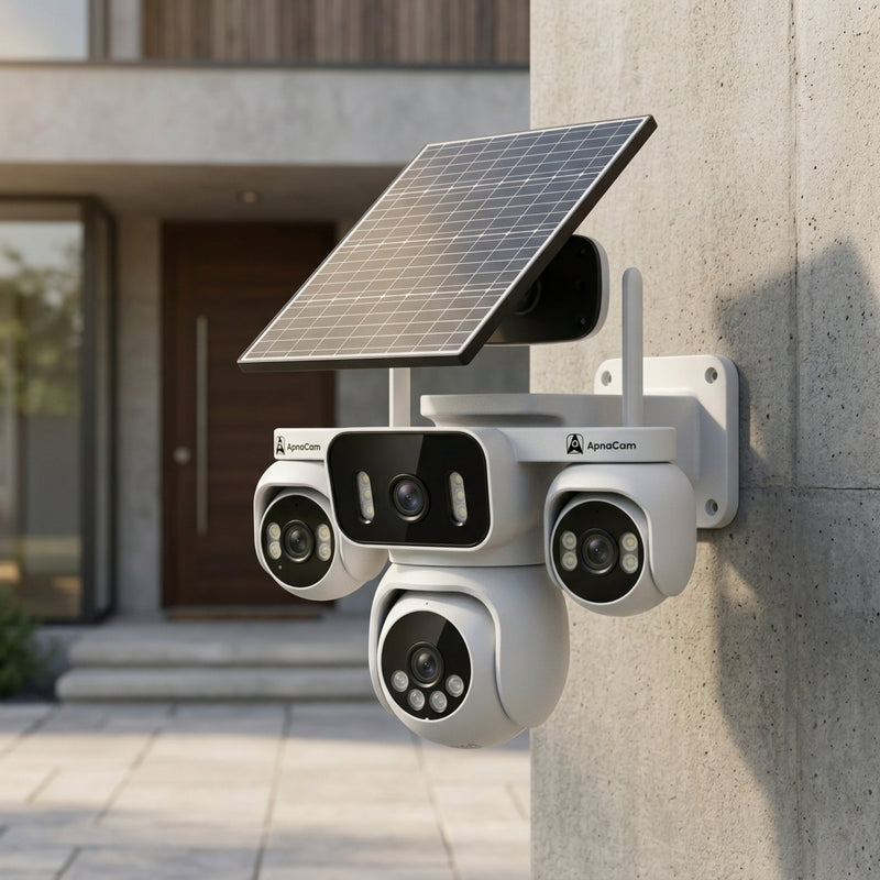 ApnaCam 4-Lens 4G Solar PTZ CCTV Camera (4 × 5MP) | 355° Rotation, AI Human Tracking, Color Night Vision | SIM-Based, No WiFi Needed | IP66 Outdoor | SD Card Upto 128GB