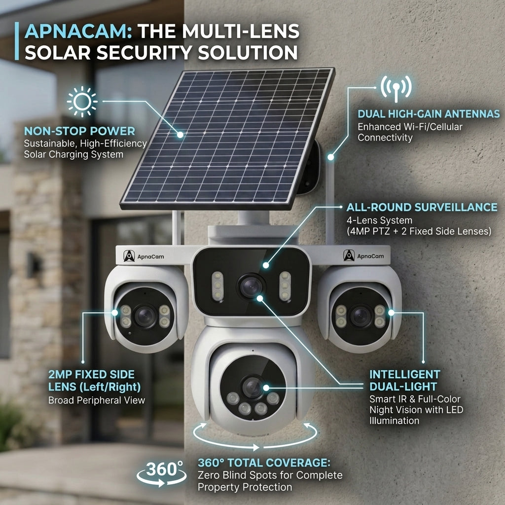 ApnaCam 4-Lens 4G Solar PTZ CCTV Camera (4 × 5MP) | 355° Rotation, AI Human Tracking, Color Night Vision | SIM-Based, No WiFi Needed | IP66 Outdoor | SD Card Upto 128GB