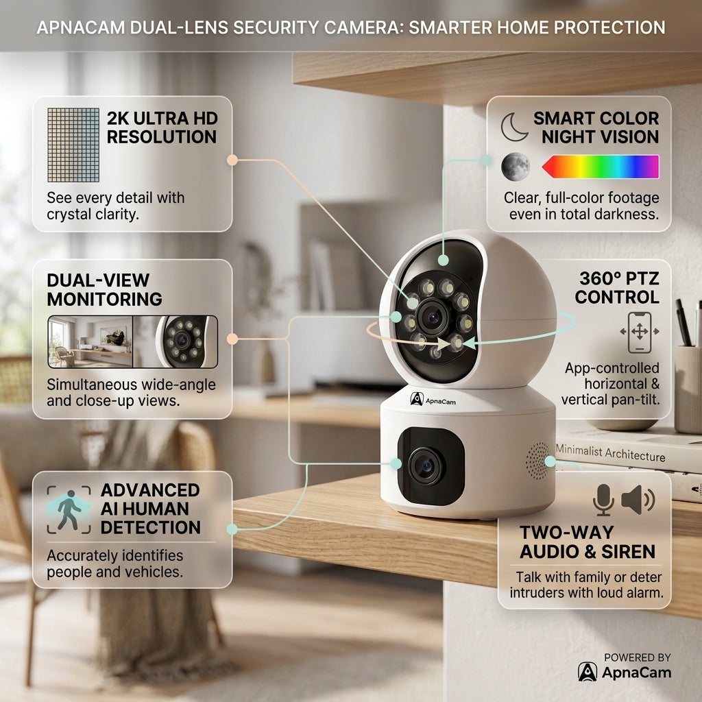 ApnaCam SuperCam 5MP×2 Dual-Lens WiFi PTZ CCTV | Bullet + PTZ Hybrid | AI Human Detection | Night Vision | Indoor Security | V380 Pro