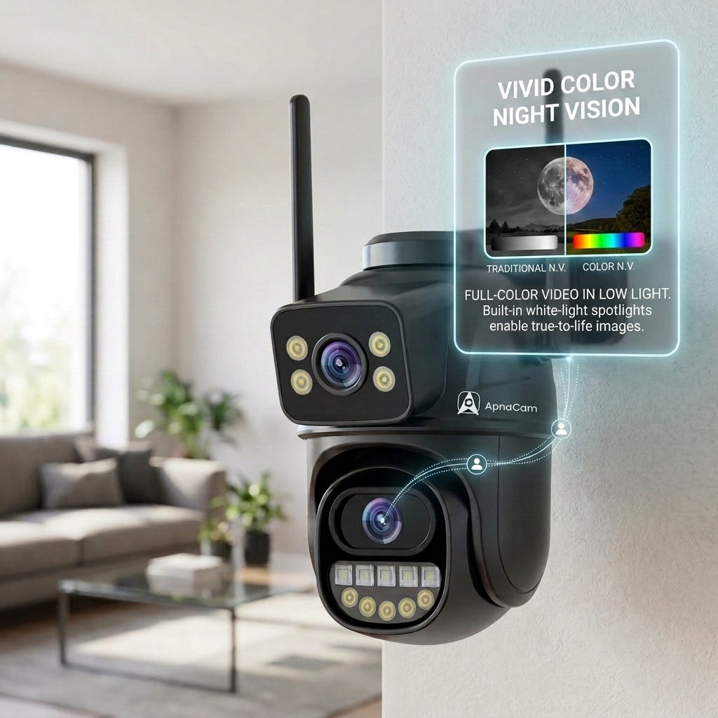 ApnaCam Dual-Lens WiFi CCTV | Fixed Bullet + PTZ | FHD Outdoor | Full-Color Night Vision | IP66 | iCSee App