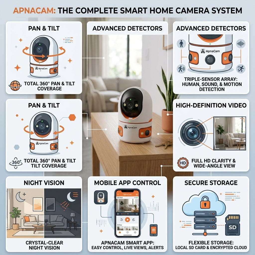ApnaCam Robo Cam 6MP Tri Lens/Screen HD 1080p AI Human Detect.WiFi, Bullet + PTZ Security Camera (SD Card Support Upto 128 GB, 4 Channel)