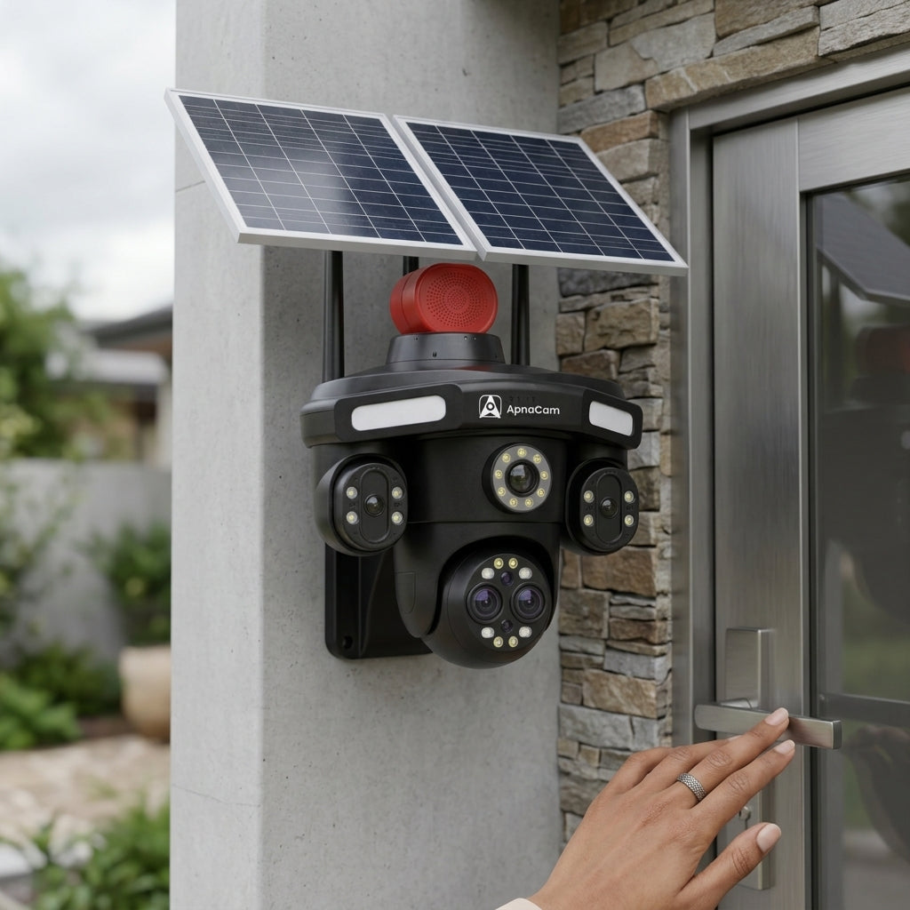 ApnaCam 8MP 3-Lens 4G SIM Solar PTZ Camera | AI Human Tracking, Color Night Vision, IP66 Waterproof, 355° View