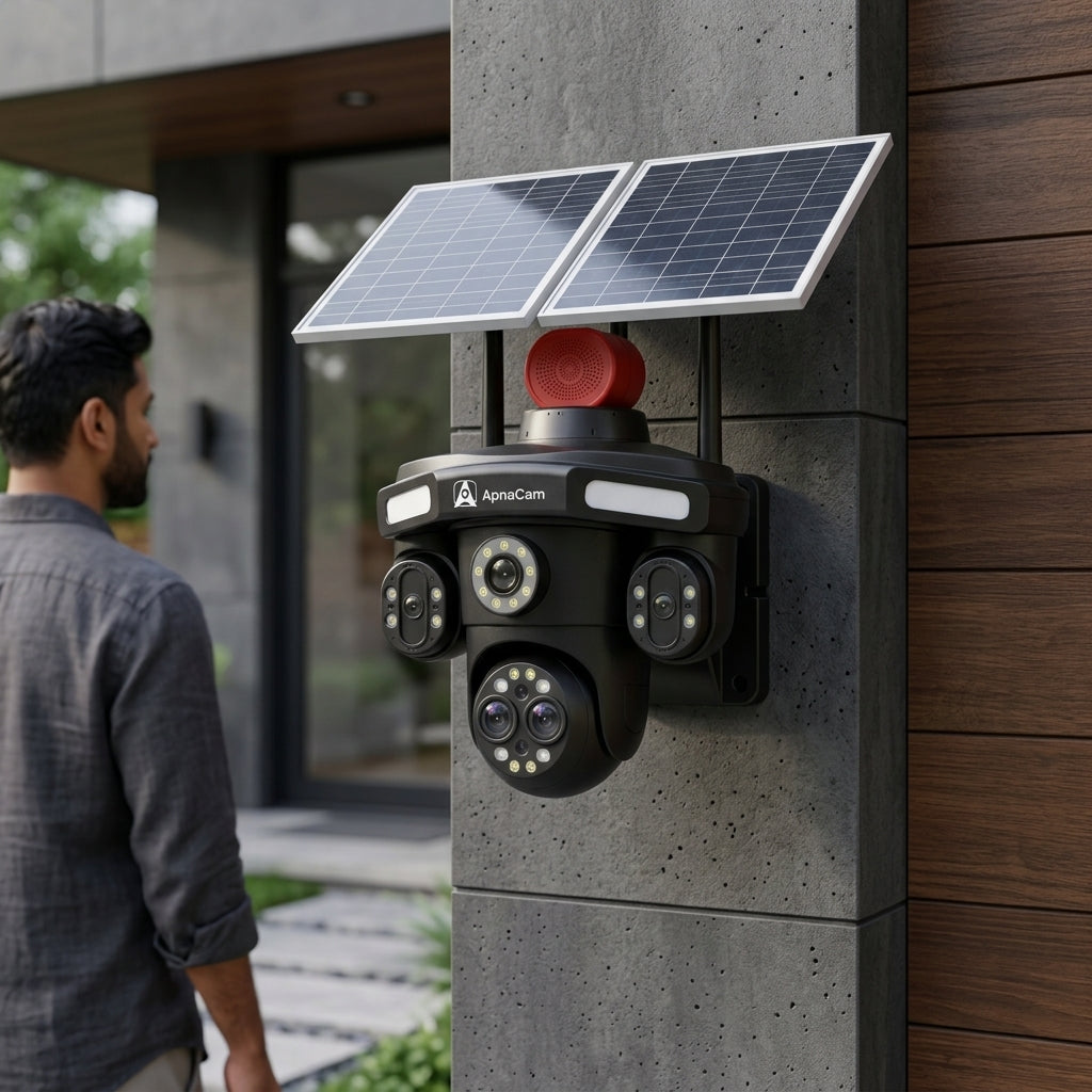 ApnaCam 8MP 3-Lens 4G SIM Solar PTZ Camera | AI Human Tracking, Color Night Vision, IP66 Waterproof, 355° View