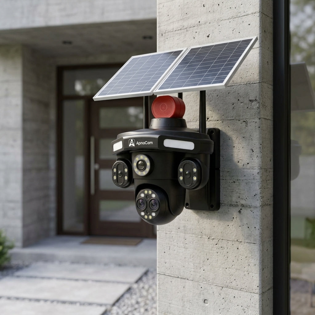 ApnaCam 8MP 3-Lens 4G SIM Solar PTZ Camera | AI Human Tracking, Color Night Vision, IP66 Waterproof, 355° View
