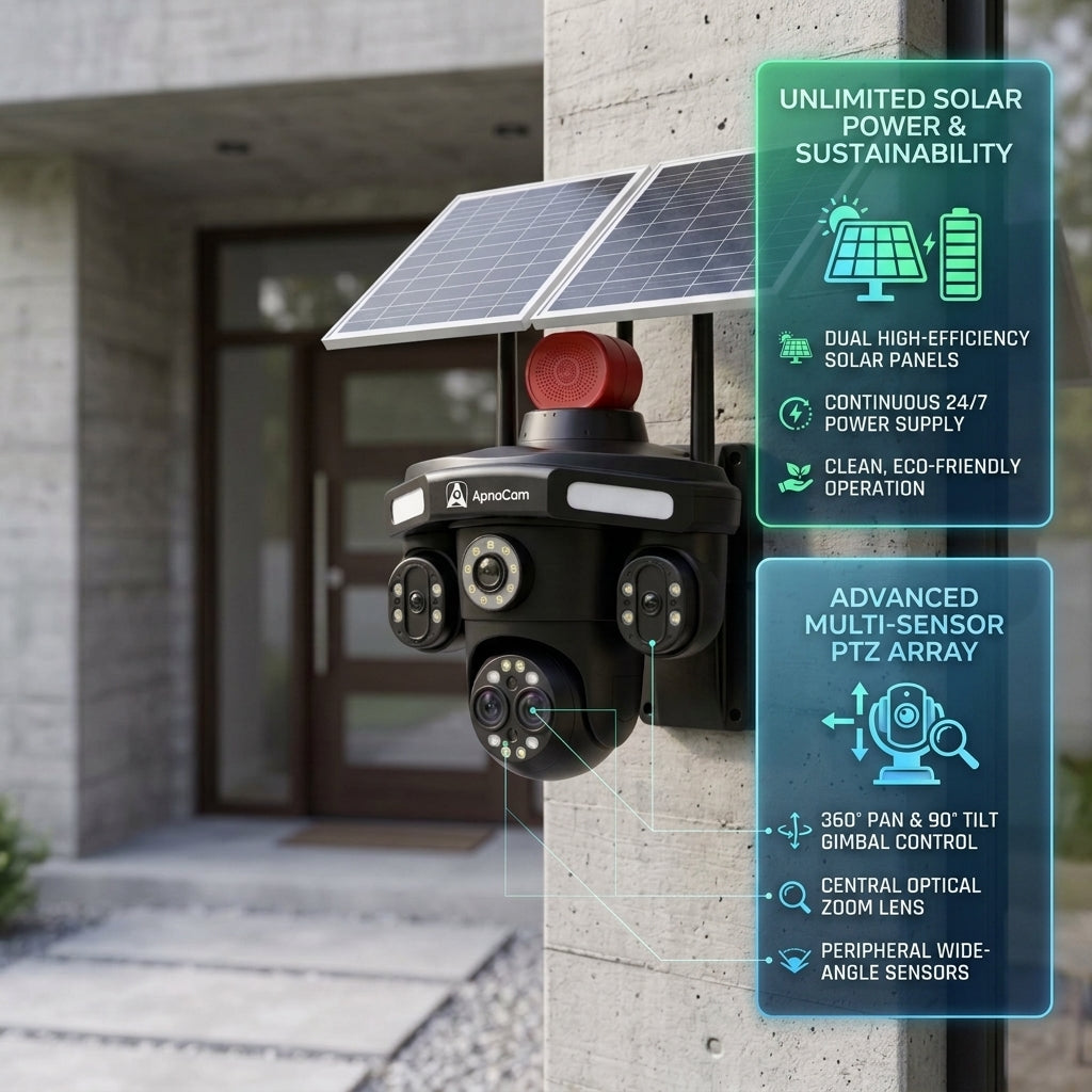 ApnaCam 8MP 3-Lens 4G SIM Solar PTZ Camera | AI Human Tracking, Color Night Vision, IP66 Waterproof, 355° View